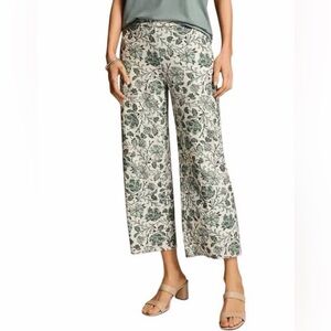 NWT J. Jill Floral Wide-Leg Cropped Pants Elastic Waist Pockets White Green S